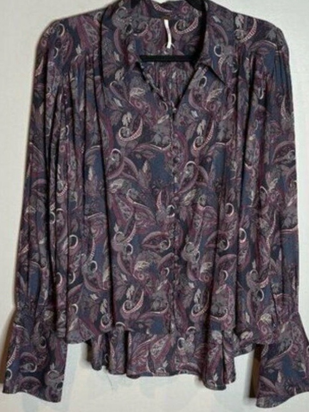 Free People Purple Paisley Boho Blouse Flared Sleeve Button Front Extra Small XS